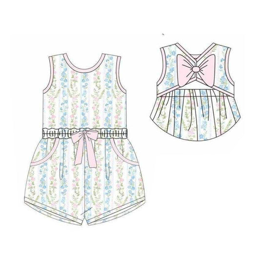 preorder SR4119 Flowers Pink Bow Sleeveless Girls Romper
