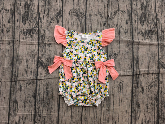 preorder Samples SR4125 Flowers Pink Bows Flutter Sleeve Girls Romper