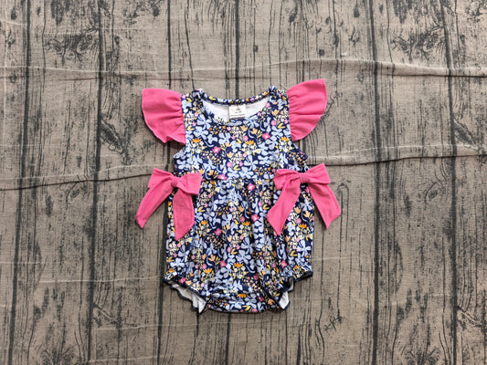 preorder Samples SR4126 Flowers Hot Pink Bows Flutter Sleeve Girls Romper