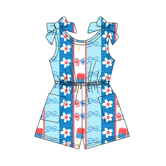 preorder SR4128 July 4th Flowers Bows Blue Short Sleeve Girls Jumpsuits