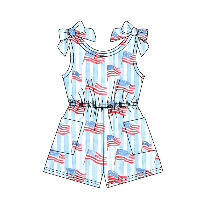 preorder SR4130 July 4th Flag Blue Striped Short Sleeve Girls Jumpsuits