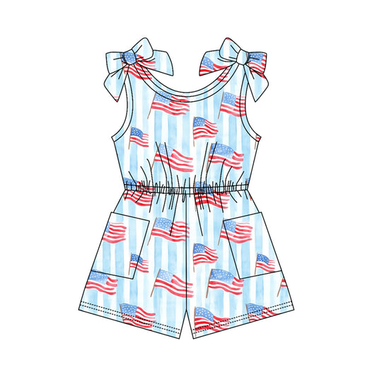 preorder SR4130 July 4th Flag Blue Striped Short Sleeve Girls Jumpsuits