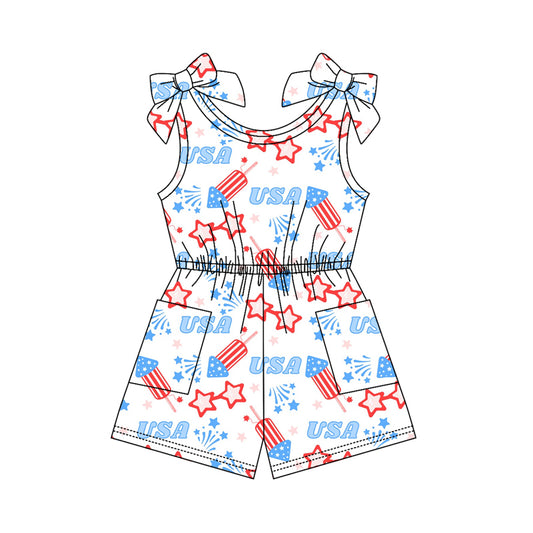 preorder SR4131 July 4th USA Flag Blue Short Sleeve Girls Jumpsuits