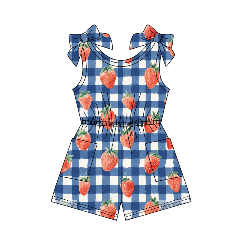 preorder SR4132 July 4th Strawberry Blue Checkered Short Sleeve Girls Jumpsuits