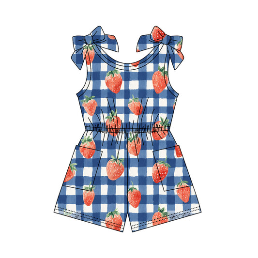 preorder SR4132 July 4th Strawberry Blue Checkered Short Sleeve Girls Jumpsuits