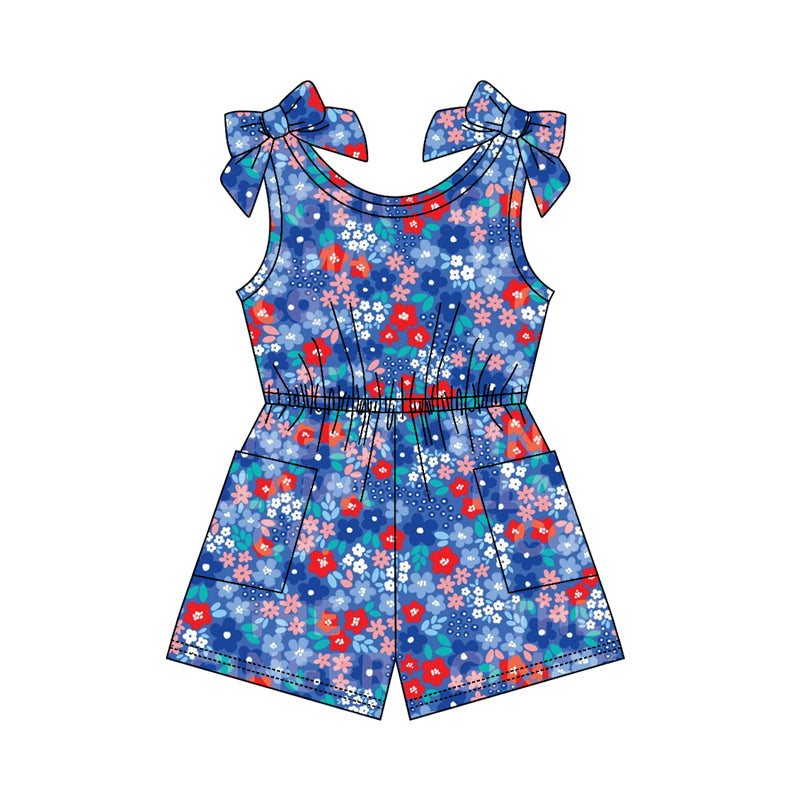 preorder SR4132 July 4th Flowers Blue Short Sleeve Girls Jumpsuits