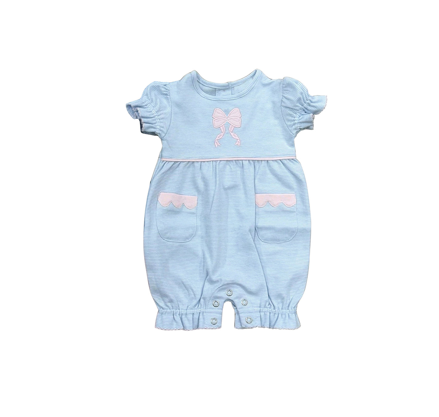 preorder SR4150 Pink Bow Blue Striped Short Sleeve Girls Romper