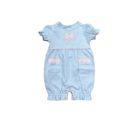 preorder SR4150 Pink Bow Blue Striped Short Sleeve Girls Romper