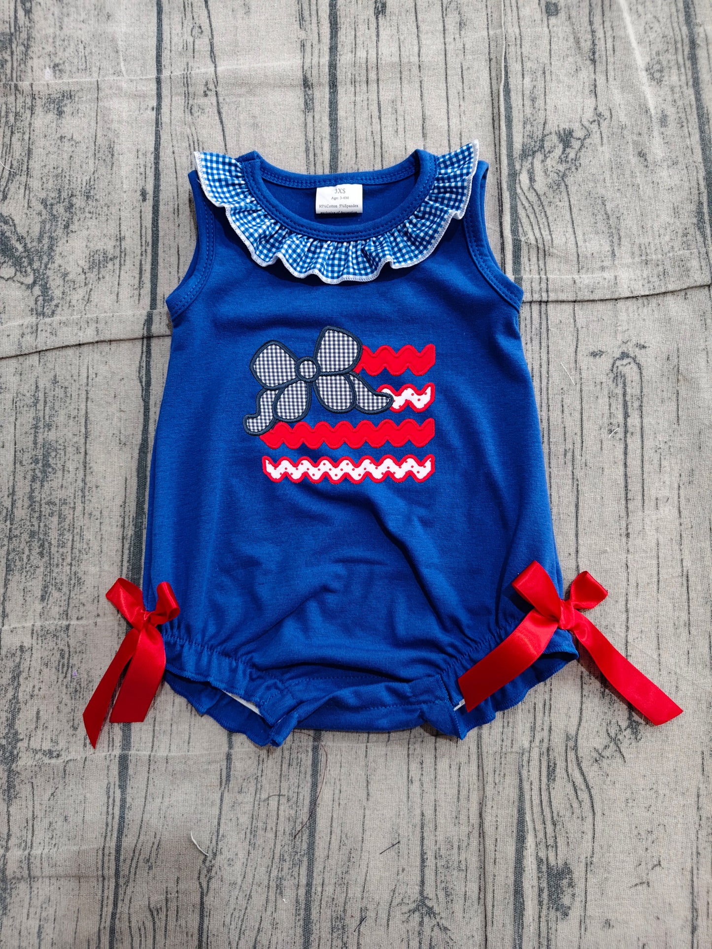 preorder Samples SR4152 July 4th Flag Bow Navy Blue Girls Romper