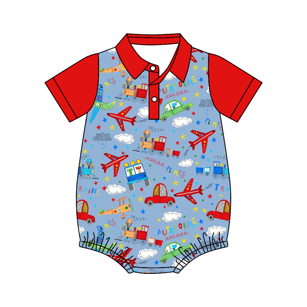 preorder SR4174 Plane Train Car Short  Sleeve Boys Romper