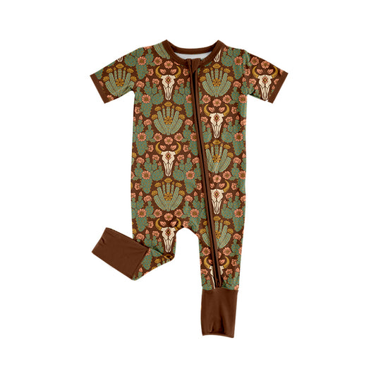 preorder SR4195 Western Cow Cactus Zipper Short Sleeve Boys Romper