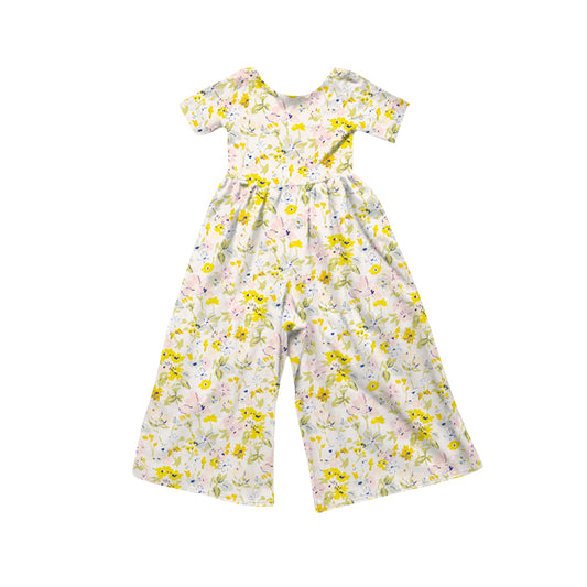preorder SR4196 Pink Yellow Flowers Short Sleeve Girls Jumpsuits
