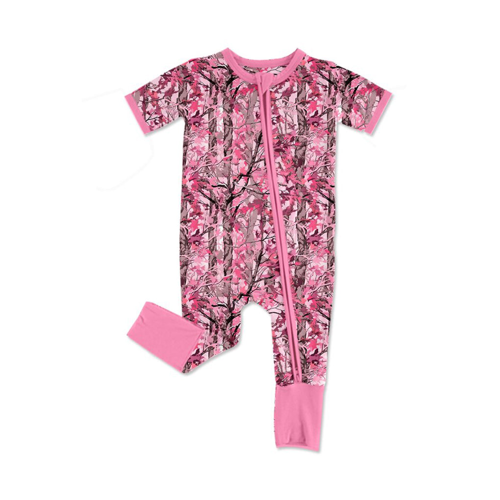 preorder SR4212 Hunting Camo Pink Zipper Short Sleeve Girls Romper