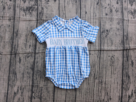 preorder Samples SR4231 Smocked Embroidery Baby Brother Checkered Short Sleeve Boys Romper