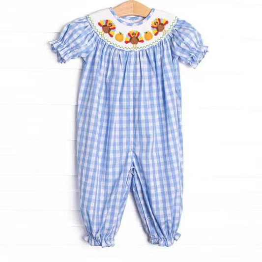 preorder SR4276 Thanksgiving Turkey Pukmpkin Checkered Short Sleeve Girls Romper