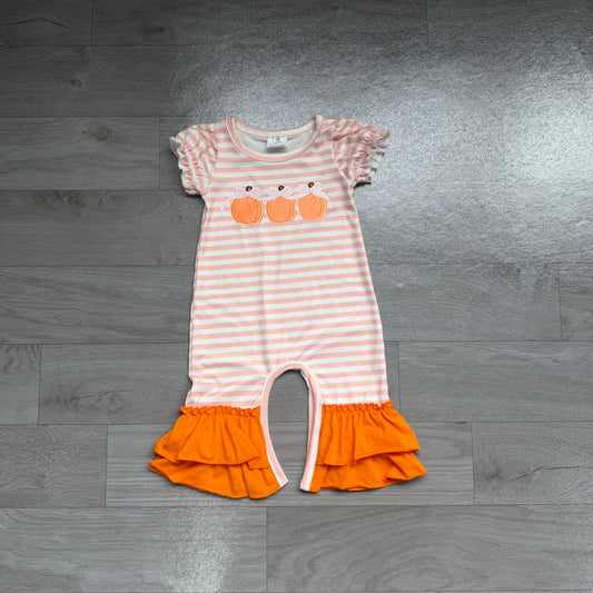 preorder Samples SR4284 Pumpkin Bows Pink Striped Short Sleeve Girls Romper