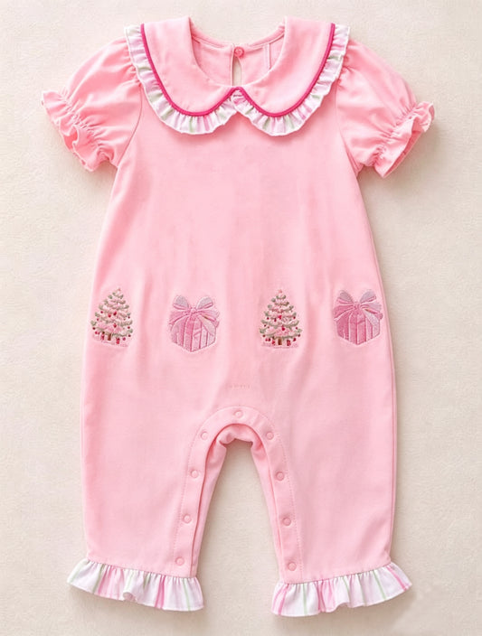 preorder SR4288 Christmas Tree Gift Pink Short Sleeve Girls Romper