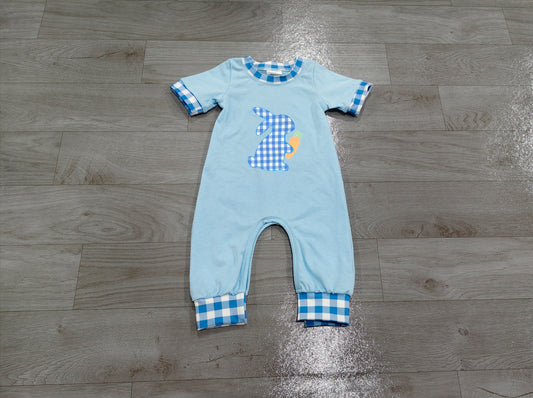 preorder Samples SR4297 Easter Rabbit Carrot Blue Short Sleeve Boys Romper