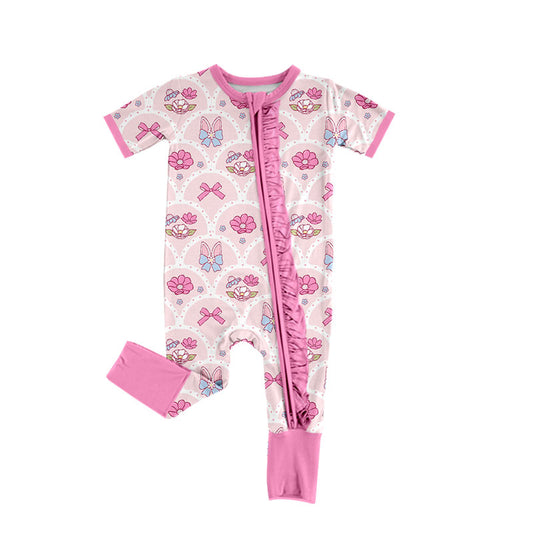 preorder SR4309 Easter Bunny Rabbit Flowers Zipper Short Sleeve Girls Romper