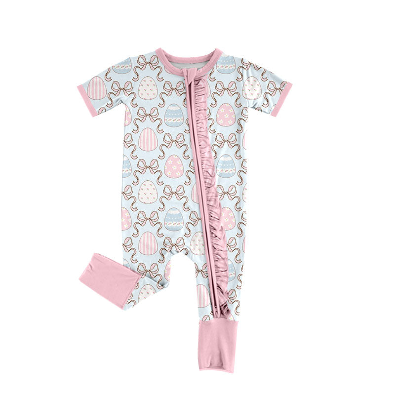 preorder SR4310 Easter Egg Bows Zipper Short Sleeve Girls Romper