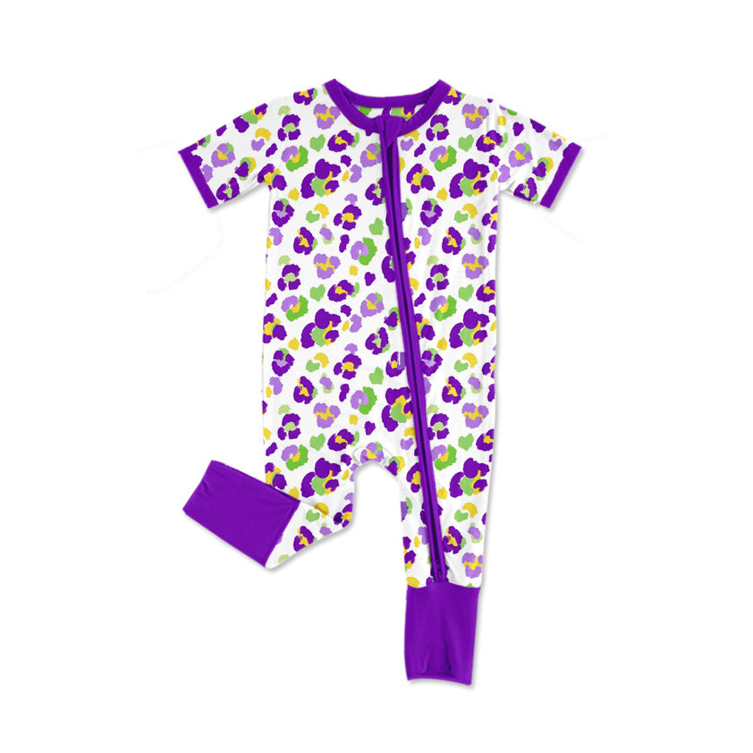 preorder SR4312 Mardi Gras Leopard Purple Zipper Short Sleeve Girls Romper