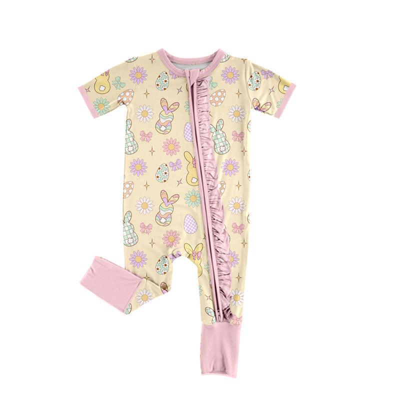 preorder SR4313 Easter Bunny Rabbit Zipper Short Sleeve Girls Romper