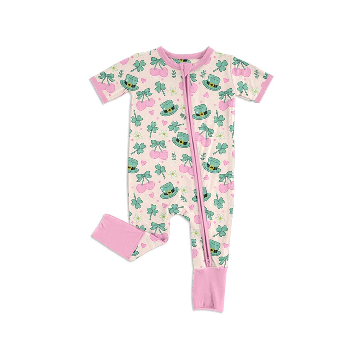 preorder SR4327 St Patrick Clover Pink Zipper Short Sleeve Girls Romper