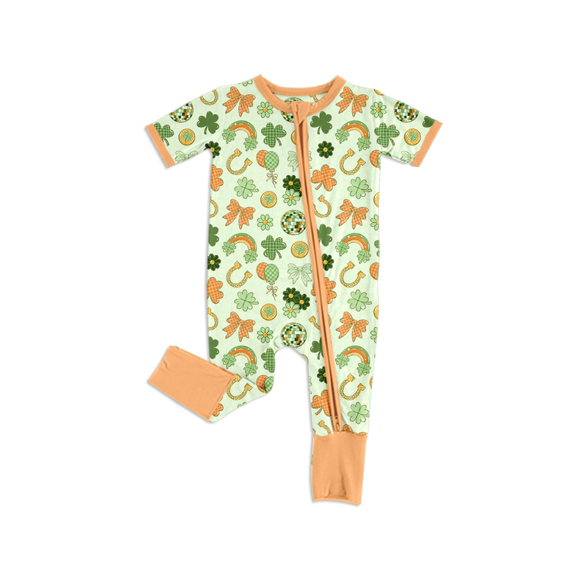 preorder SR4328 St Patrick Clover Zipper Short Sleeve Girls Romper