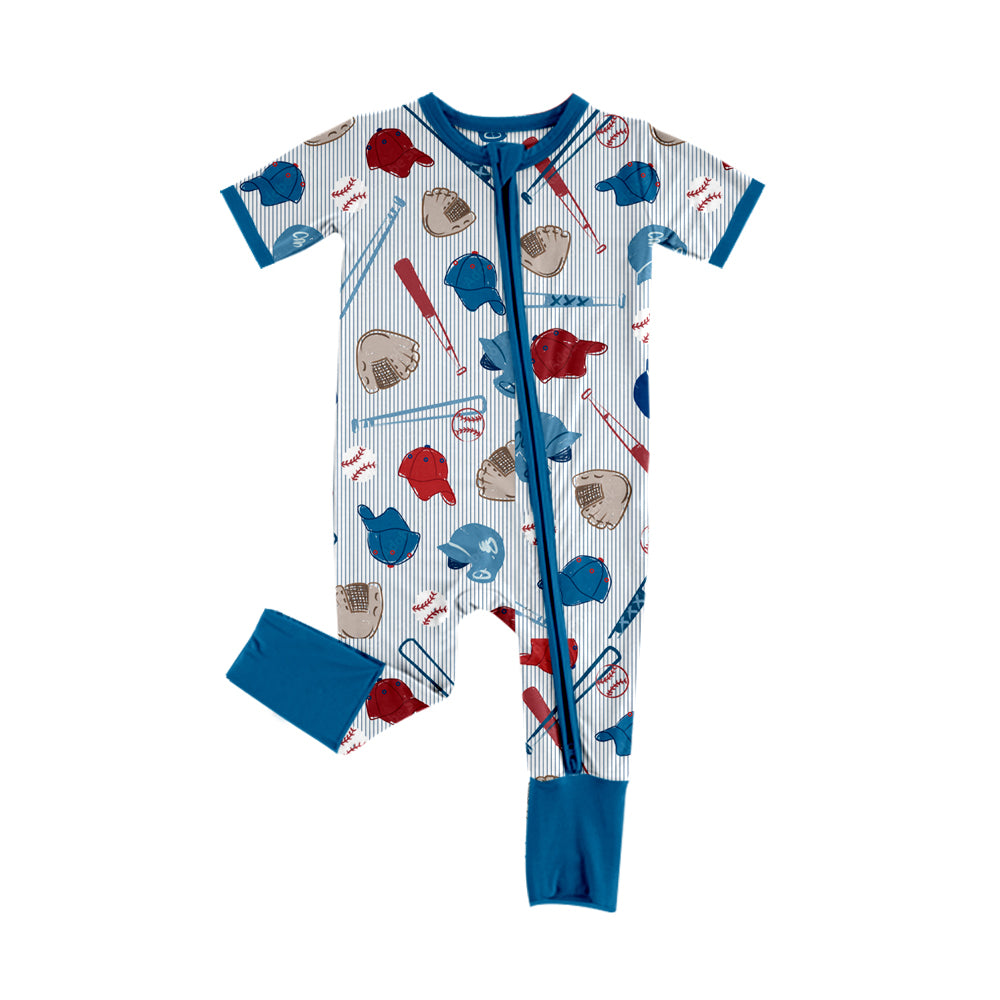 preorder SR4336 Play Baseball blue Zipper Short Sleeve Boys Romper