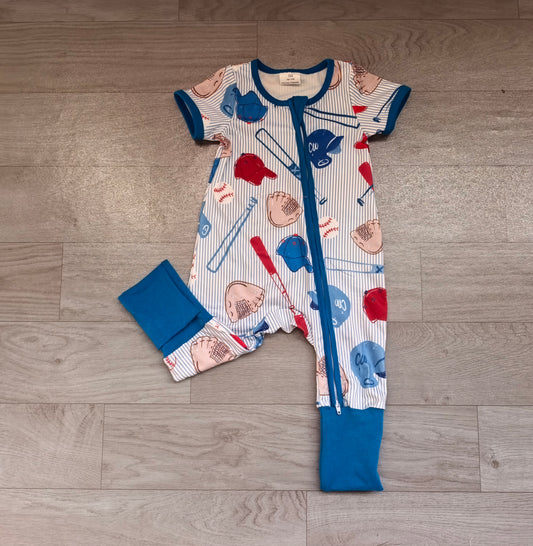 preorder Samples SR4336 Play Baseball blue Zipper Short Sleeve Boys Romper