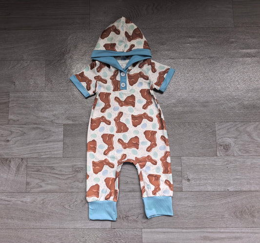 preorder Samples SR4339 Easter Rabbit Blue Hoodie Short Sleeve Boys Romper