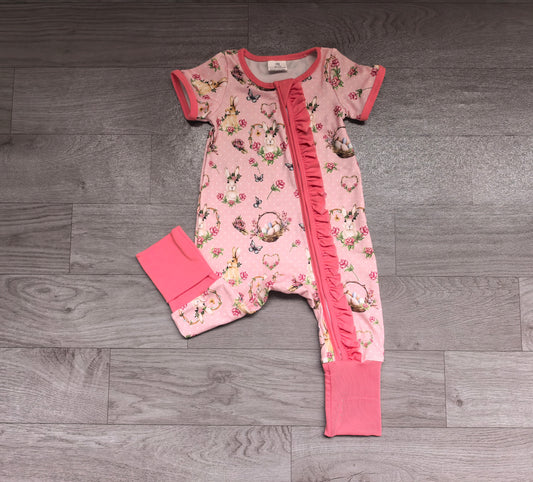 preorder Samples SR4342 Easter Rabbit Flowers PInk Zipper Short Sleeve Girls Romper