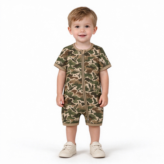 preorder SR4362 Mallard Duck Camo Zipper Short Sleeve Boys Romper