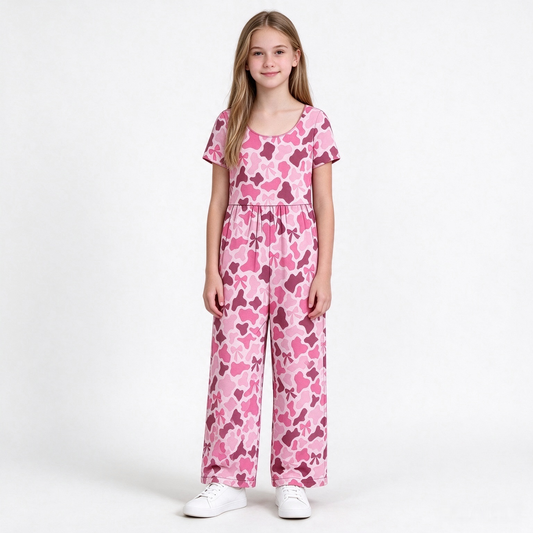 preorder SR4364 Pink Bows Camo Short Sleeve Girls Jumpsuits