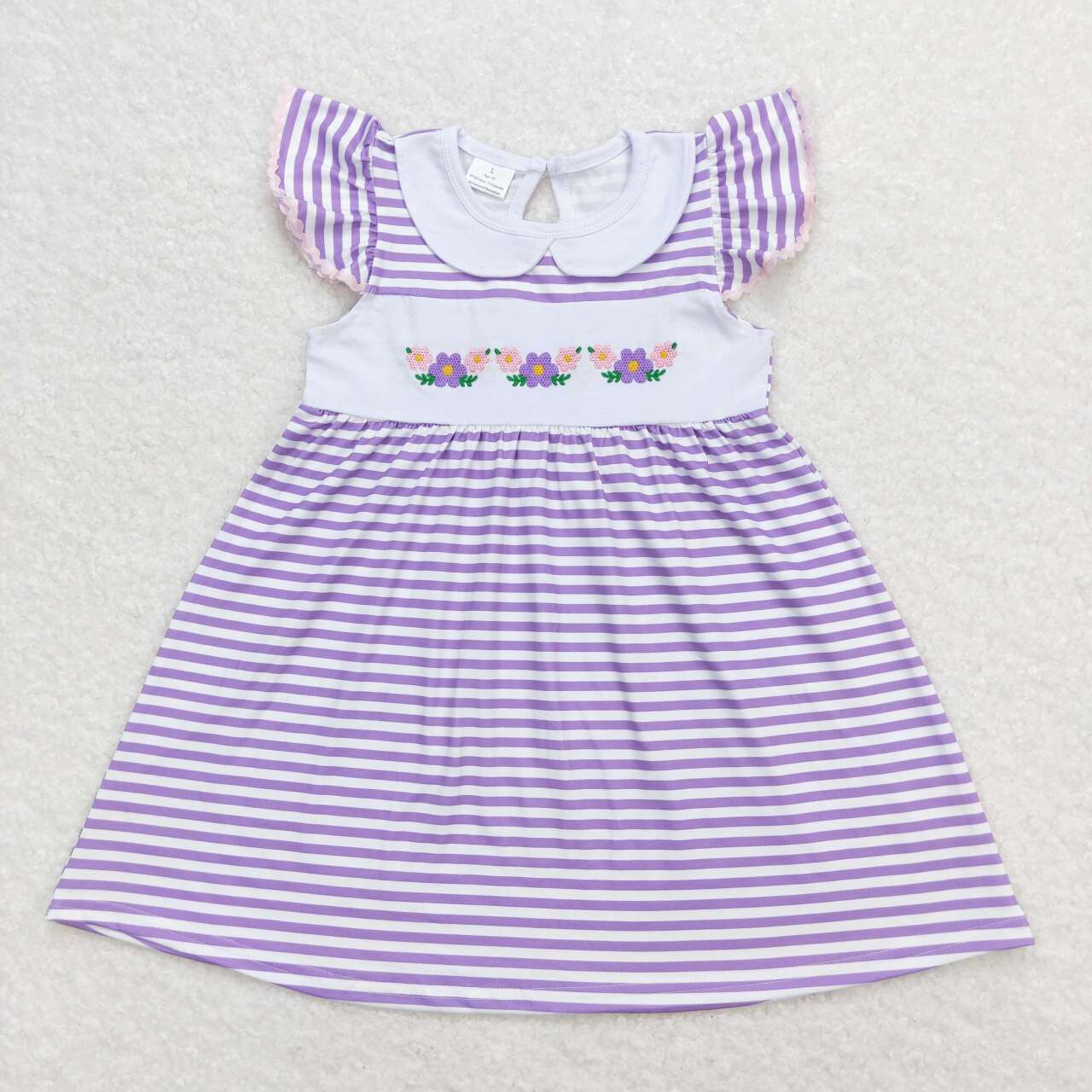 GSD0836 Flowers purple striped flutter sleeve girls dress