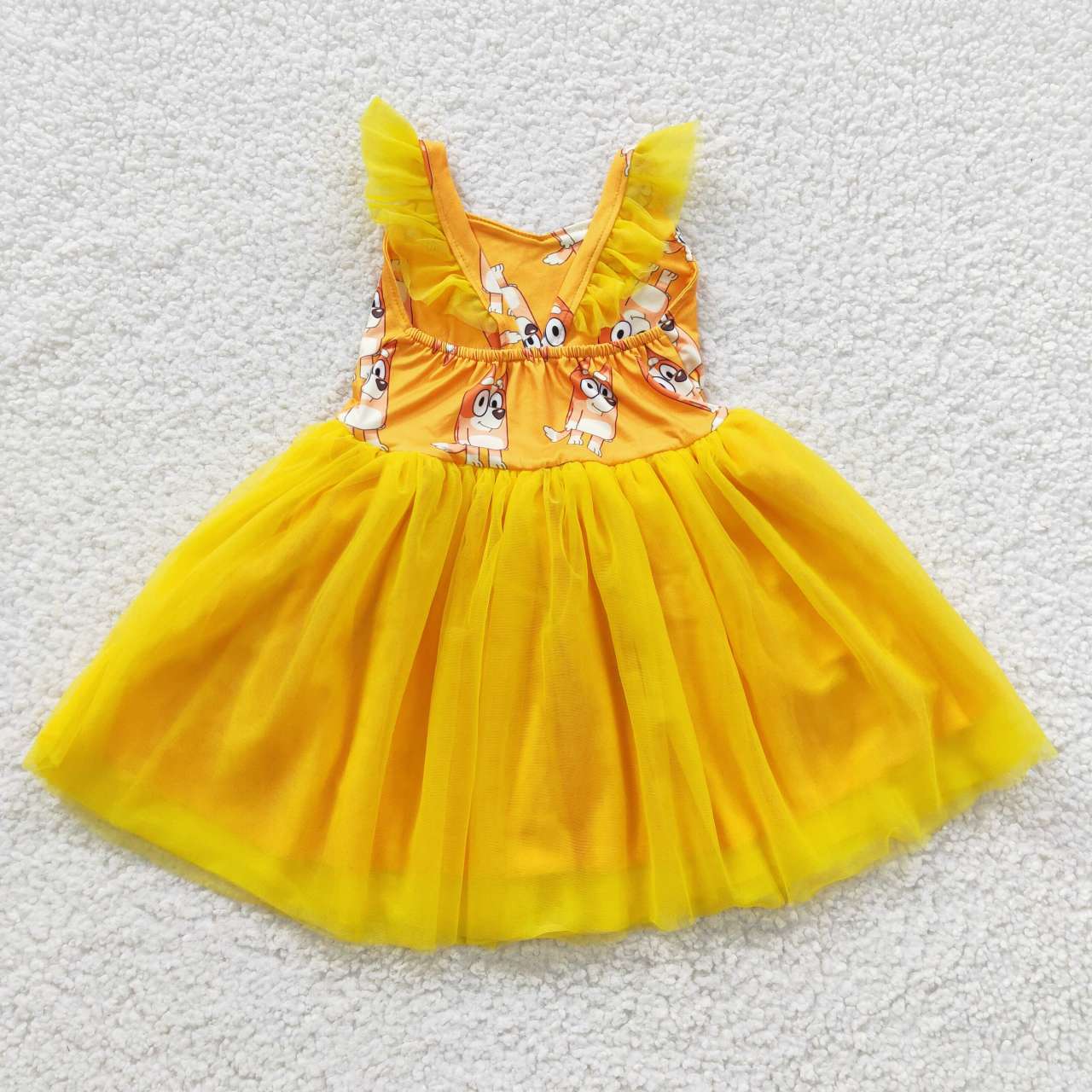 GSD0356 Cartoon Dog Flutter Sleeves Yellow Tutu Dress Girls Clothing