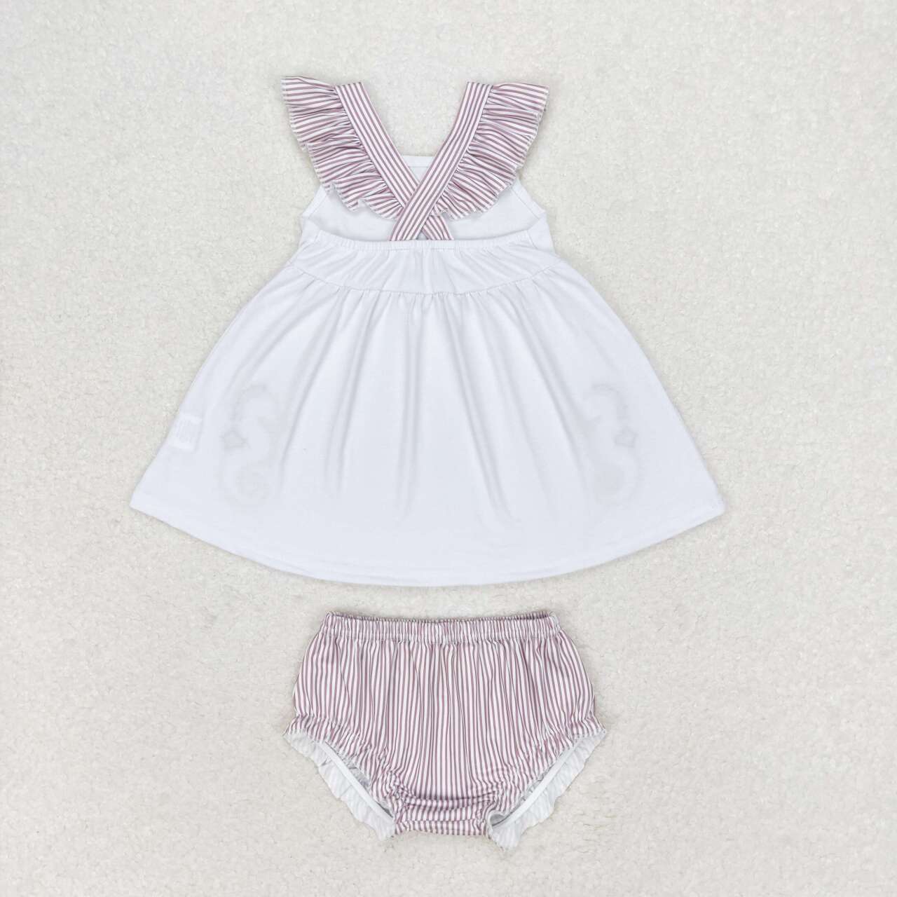 GBO0350 embroidery sea horse flutter sleeve khaki striped shorts girls set