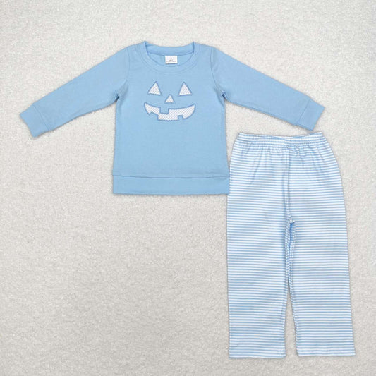 embroidery BLP0863 Halloween smile pumpkin blue long sleeve pants boys set