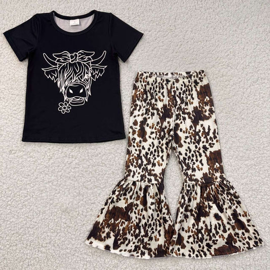 GSPO0686 Highland Cow Black Short Sleeves Cow Print Pants Girls Set