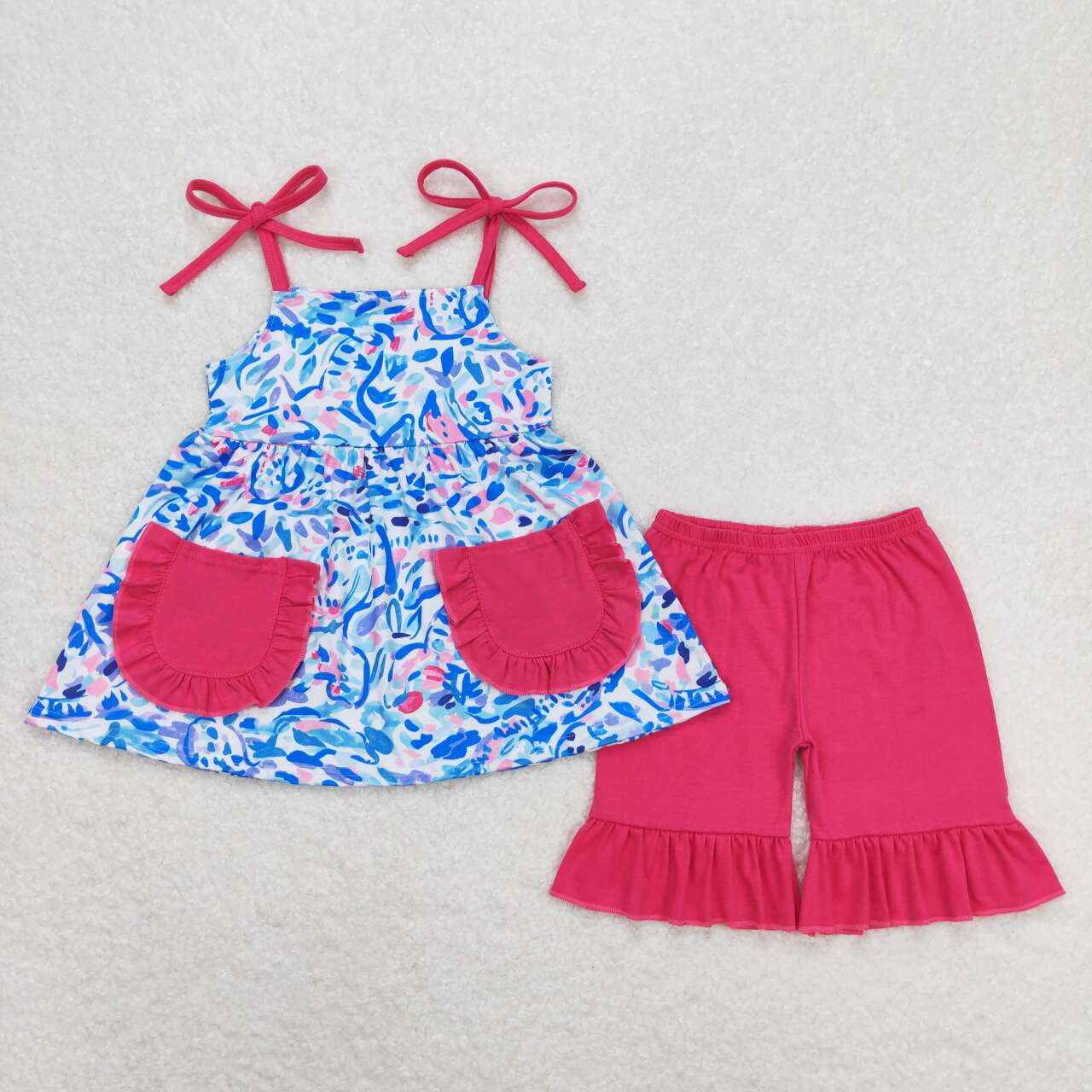 GSSO1028 blue flowers print pockets sleeveless hot pink shorts girls set