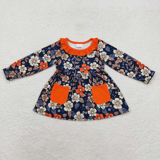 GT0691 flowers orange pockets long sleeve girls top