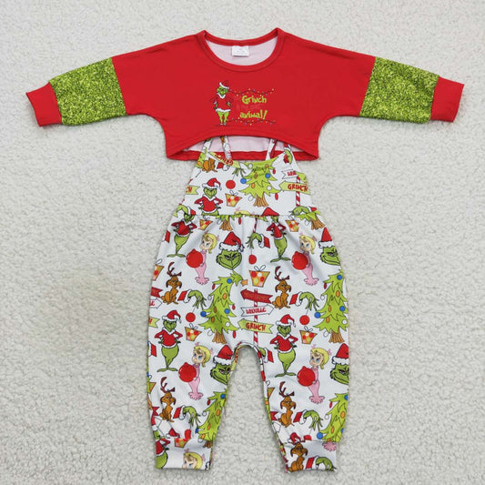 GLP0687 Christmas green face red long sleeve top jumpsuits girls set