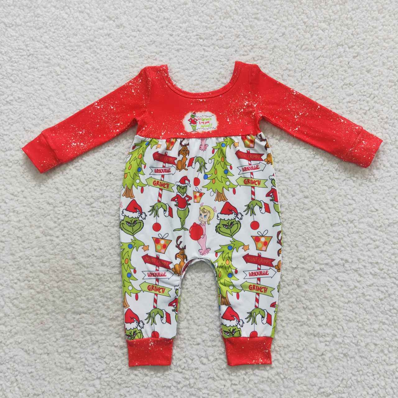 LR0625 Christmas green face long sleeve girls romper