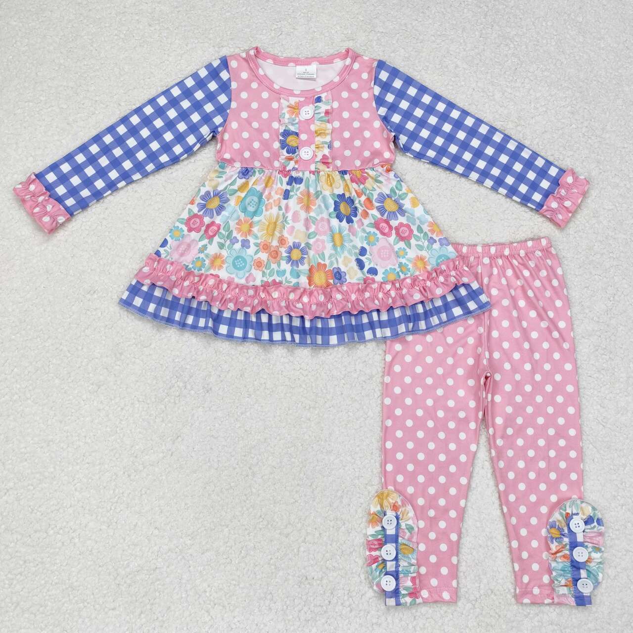 GLP1196 colorful flowers purple checkered long sleeve pink dot pants girls set