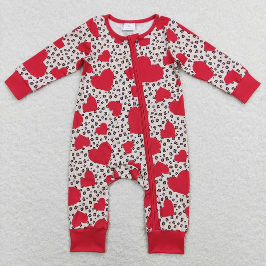 LR0775 Valentine's Day red heart leopard long sleeve girls romper