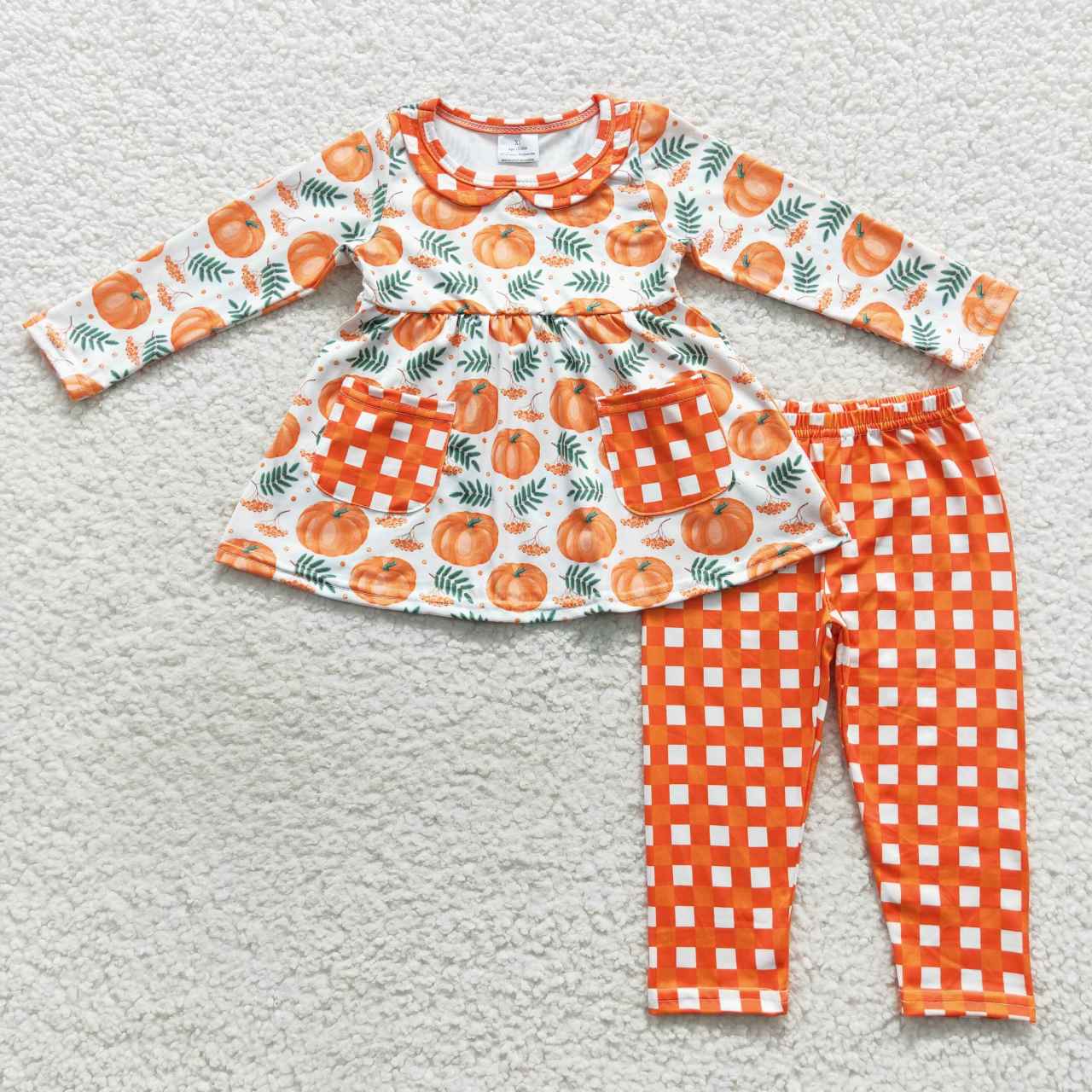 GLP0640 Pumpkin pocket long sleeve orange plaid pants girls set kids clothes