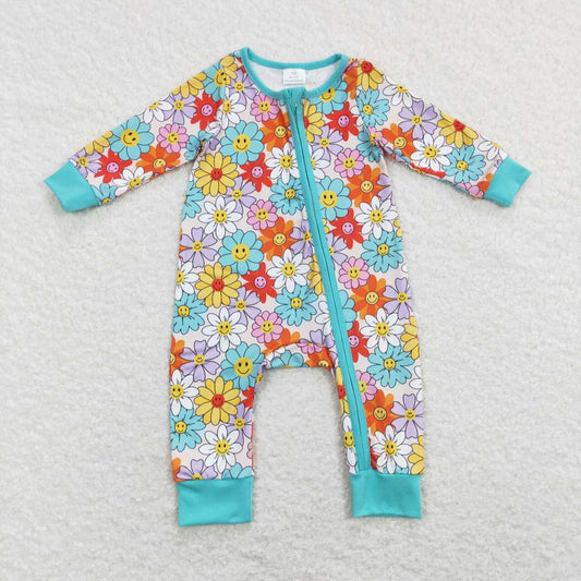 LR0899 Baby Colorful Smile Flowers Blue Long Sleeve Zipper Baby Romper Kids Clothes