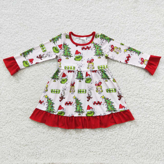 GLD0235 Christmas Green Face Cartoon Girl Long Sleeves Dress