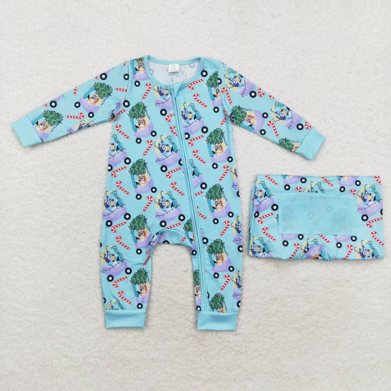 LR1431 bamboo Christmas car blue dog cane candy blue long sleeve zipper boys romper