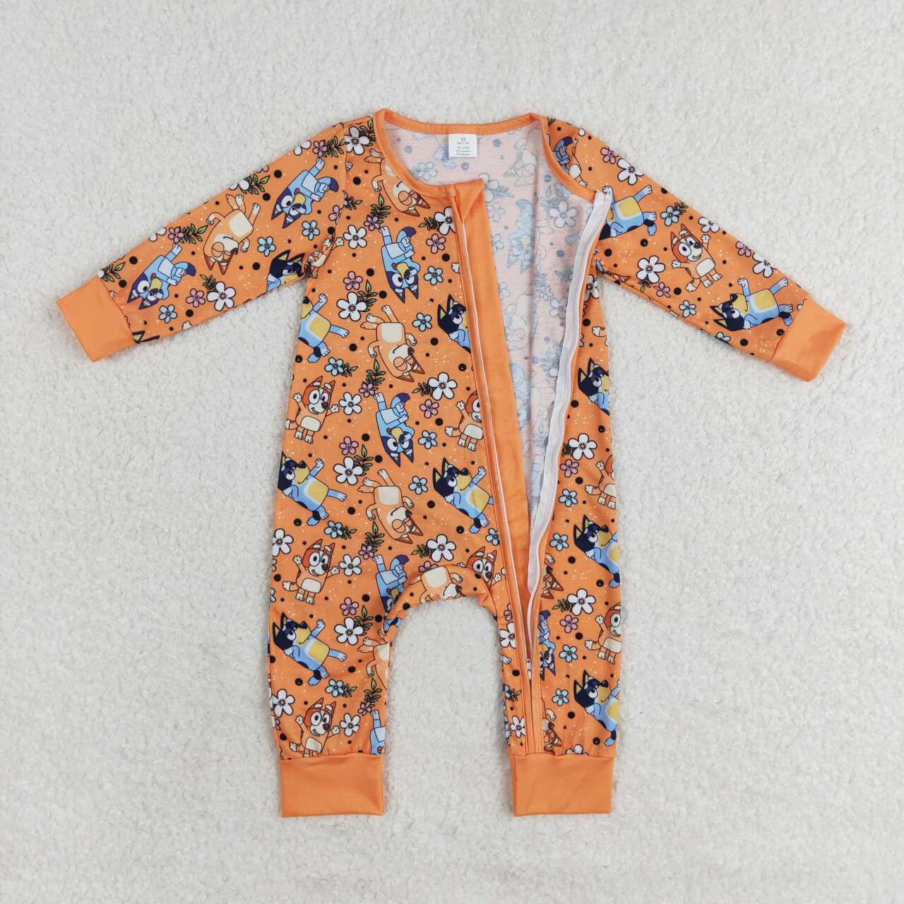 LR0982 bamboo cartoon blue dog flowers orange long sleeve zipper girls romper